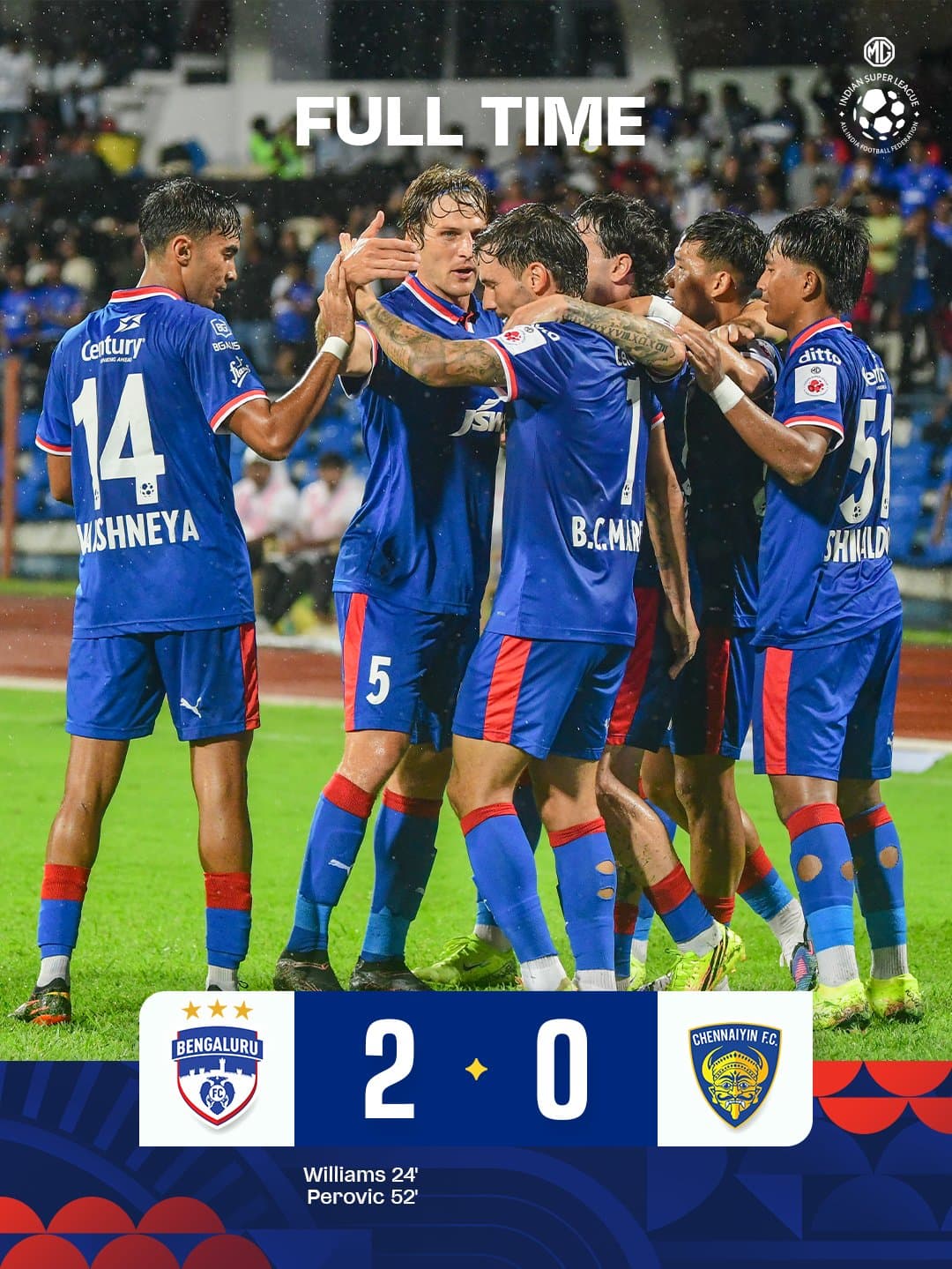 बेंगलुरु एफसी ने चेन्नईयन एफसी को 2-0 से दी शिकस्त, विलियम्स और पेरोविच चमके